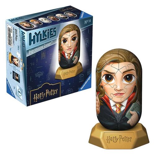 Na zdjęciu znajduje się opakowanie oraz złożony model 3D puzzli przedstawiających postać z serii "Harry Potter". Na opakowaniu widnieje napis "HYLKIES Hermione Granger", a na podstawce modelu napis "Harry Potter".
