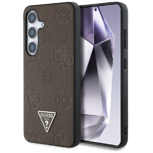 Etui GUESS Grained Hot Stamp Peony Pattern Triangle Logo MagSafe do Samsung Galaxy S25 Brązowy