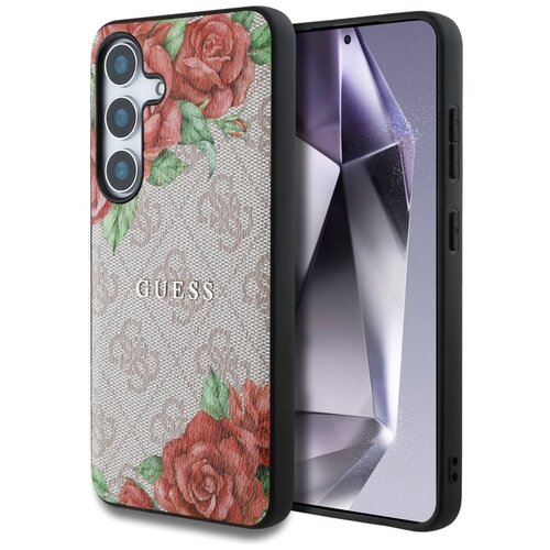 Etui GUESS Leather 4G Flowers Print Metal Classic Logo MagSafe do Samsung Galaxy S25 Różowy
