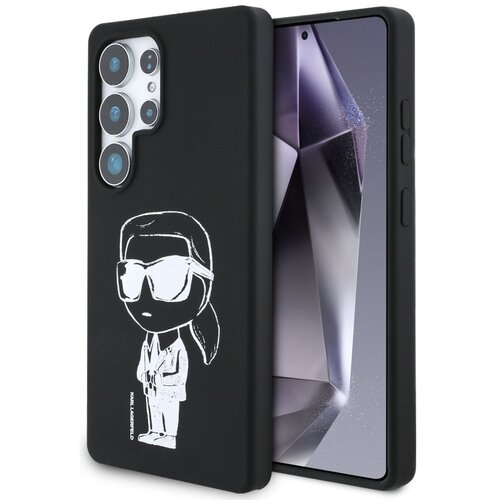 Czarne etui na telefon z nadrukiem postaci w okularach przeciwsłonecznych i napisem "KARL LAGERFELD" na dole. Obok etui widoczny jest fragment telefonu z wyświetlaczem pokazującym abstrakcyjny wzór.