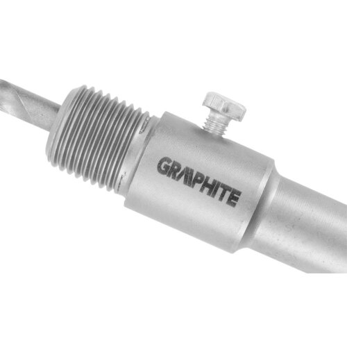 Metalowy adapter do otwornic z widocznym logo "GRAPHITE" na cylindrycznej części, z gwintem i śrubą mocującą. Produkt ma gładką, srebrną powierzchnię.
