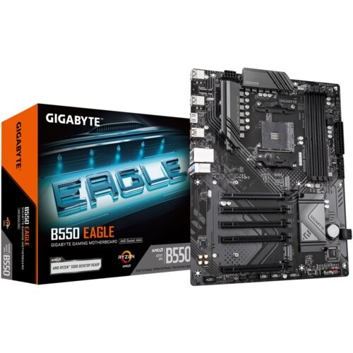 Pudełko z napisem "GIGABYTE B550 EAGLE" oraz "AMD Ryzen 5000 Desktop Ready" znajduje się obok czarnej płyty głównej z widocznymi złączami i komponentami. Na płycie głównej widoczny jest napis "GIGABYTE".