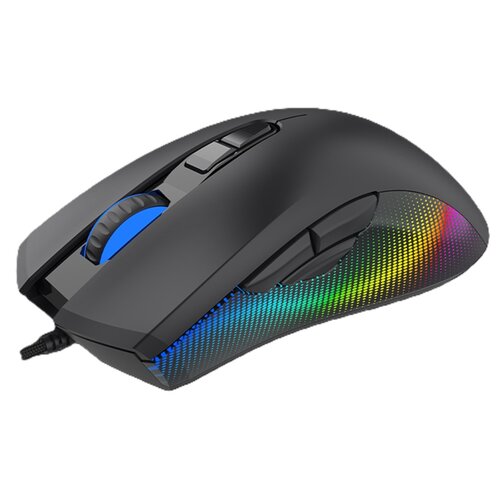 Czarna mysz komputerowa z podświetleniem RGB, które tworzy efekt tęczy na bocznej powierzchni. Na górze znajdują się dwa przyciski oraz rolka przewijania z niebieskim podświetleniem.