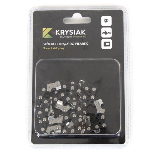 Opakowanie zawiera łańcuch tnący do pilarek, na którym widnieje logo "KRYSIAK" oraz napis "ŁAŃCUCH TNĄCY DO PILAREK Numer katalogowy:". W tle widoczne są ikony przedstawiające filiżankę, pilarkę i książkę.