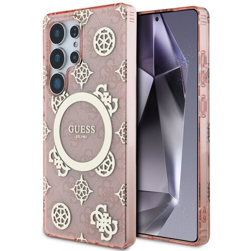 Etui GUESS 4G Background Gold Electroplated Peony Pattern MagSafe do Samsung Galaxy S25 Ultra Różowy