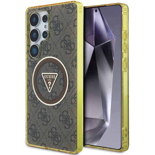Etui GUESS 4G Glitter Triangle Buttons MagSafe do Samsung Galaxy S25 Ultra Brązowy