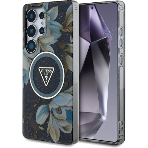 Etui GUESS Glitter Flowers Triangle Buttons MagSafe do Samsung Galaxy S25 Ultra Czarny