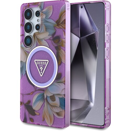 Etui GUESS Glitter Flowers Triangle Buttons MagSafe do Samsung Galaxy S25 Ultra Fioletowy