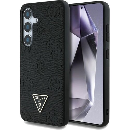 Etui GUESS Grained Hot Stamp Peony Pattern Triangle Logo MagSafe do Samsung Galaxy S25 Czarny