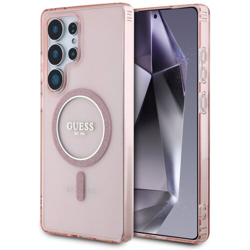 Etui GUESS Glitter Circle Classic Logo MagSafe do Samsung Galaxy S25 Ultra Różowy