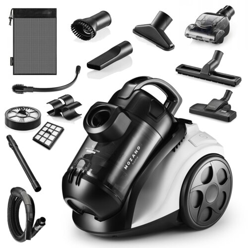 Odkurzacz MOZANO Smart Cyclonic 4000 Biały z widocznymi akcesoriami, takimi jak różne końcówki, filtry i wąż. Na odkurzaczu widoczny jest napis "MOZANO" oraz "Smart Cyclonic 4000".