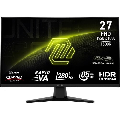 Monitor MSI z zakrzywionym ekranem, na którym widoczne są napisy: "27 FHD 1920 x 1080 1500R", "MAG MSI Arsenal Gaming", "Curved Gaming", "Rapid VA", "280 Hz", "0.5 ms GTG", "HDR Ready". Na ekranie znajduje się także logo MSI.