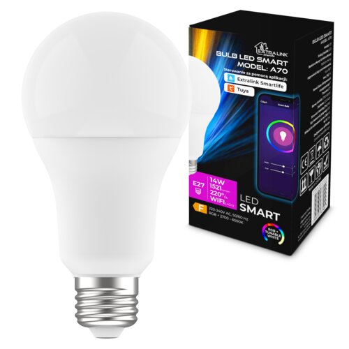 Na zdjęciu znajduje się biała żarówka LED z gwintem E27 oraz opakowanie z napisem "Bulb LED Smart Model: A70" i informacjami o mocy 14 W, strumieniu świetlnym 1521 lm, kącie świecenia 220°, oraz obsłudze Wi-Fi. Na opakowaniu widoczne są także logotypy aplikacji "Extralink Smartlife" i "Tuya", a także oznaczenia dotyczące parametrów technicznych i funkcji RGB oraz Tunable White.