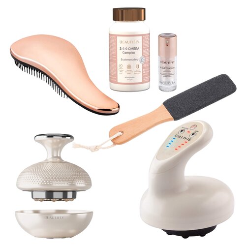Zestaw BEAUTIFLY (Wyszczuplająco ujędrniający masażer antycellulitowy RF B-Lumix Body + Wyszczuplający masażer ręczny antycellulitowy B-Modello + Szczotka do włosów Combo Złoty + Pilnik do stóp + Suplement diety 3-6-9 Omega Complex (60 szt.) + Krem pod oczy So Soft Eye Cream 15 ml)