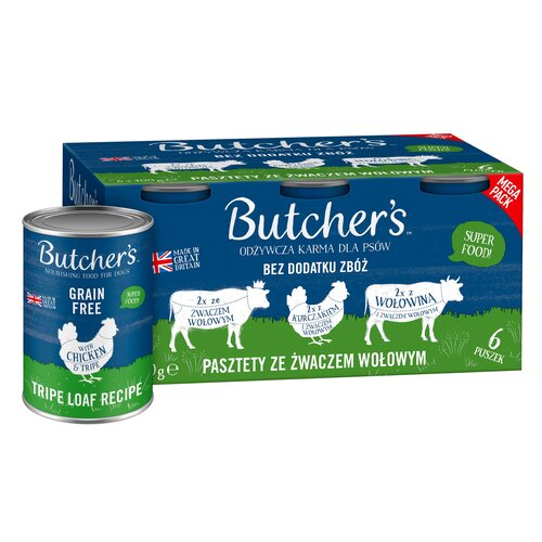Karma dla psa BUTCHER'S Original mix smaków ze żwaczem wołowym (6 x 400 g)