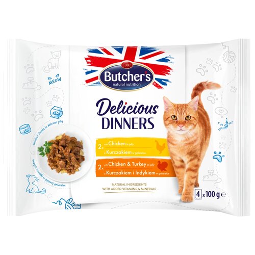 Karma dla kota BUTCHER'S Delicious Dinners z kurczakiem i z kurczakiem i indykiem (4 x 100 g)