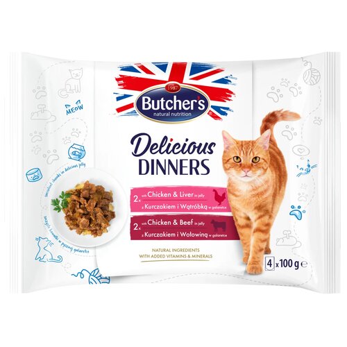 Karma dla kota BUTCHER'S Delicious Dinners z kurczakiem i wątróbką oraz z kurczakiem i wołowiną (4 x 100 g)