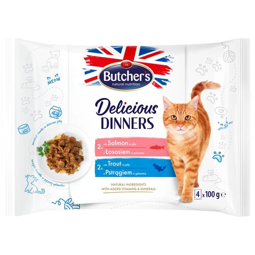 Karma dla kota BUTCHER'S Delicious Dinners z łososiem oraz z pstrągiem (4 x 100 g)