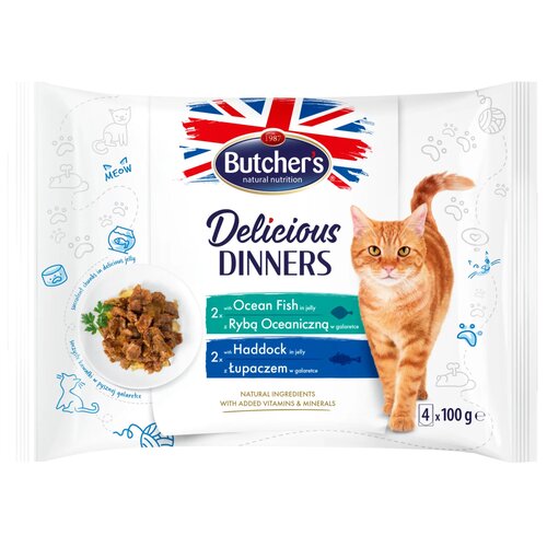 Karma dla kota BUTCHER'S Delicious Dinners z rybą oceaniczną oraz z łupaczem (4 x 100 g)