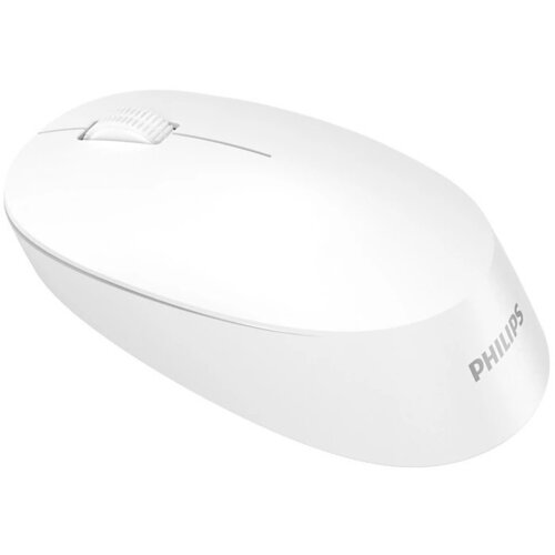 Biała mysz komputerowa z gładką powierzchnią i widocznym logo "PHILIPS" na boku. Mysz posiada dwa przyciski oraz rolkę przewijania.