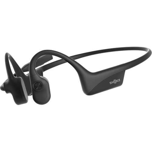 Czarne słuchawki z pałąkiem, na którym widoczne jest logo "SHOKZ". Produkt ma nowoczesny design z elementami do umieszczenia przy uszach.