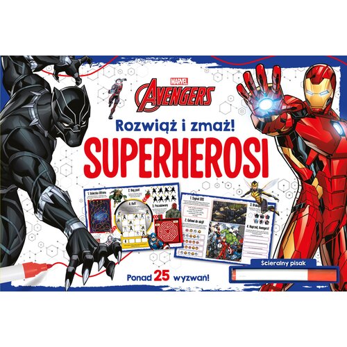 Książka z zadaniami Rozwiąż i zmaż! Superherosi. Marvel Avengers (miękka okładka)