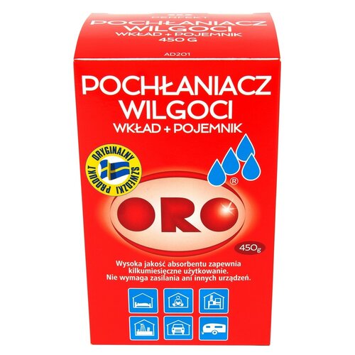 Czerwone opakowanie produktu z napisem "POCHŁANIACZ WILGOCI WKŁAD + POJEMNIK 450 G" oraz logo "ORO". Na dole opakowania znajduje się tekst: "Wysoka jakość absorbentu zapewnia kilkumiesięczne użytkowanie. Nie wymaga zasilania ani innych urządzeń." oraz ikony przedstawiające różne zastosowania.
