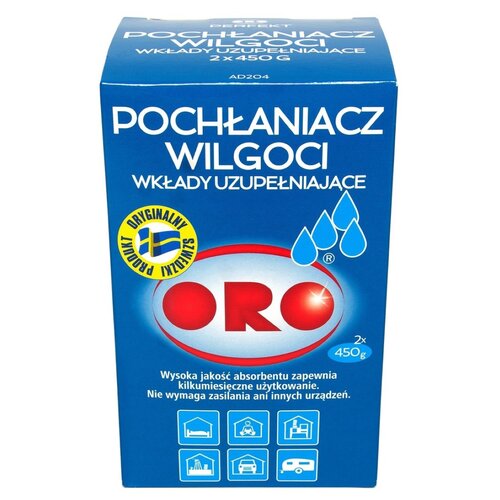 Niebieskie opakowanie produktu "Pochłaniacz wilgoci" z napisem "Wkłady uzupełniające 2 x 450 g" oraz logo "ORO" na środku. Na dole widnieje tekst: "Wysoka jakość absorbentu zapewnia kilkumiesięczne użytkowanie. Nie wymaga zasilania ani innych urządzeń."