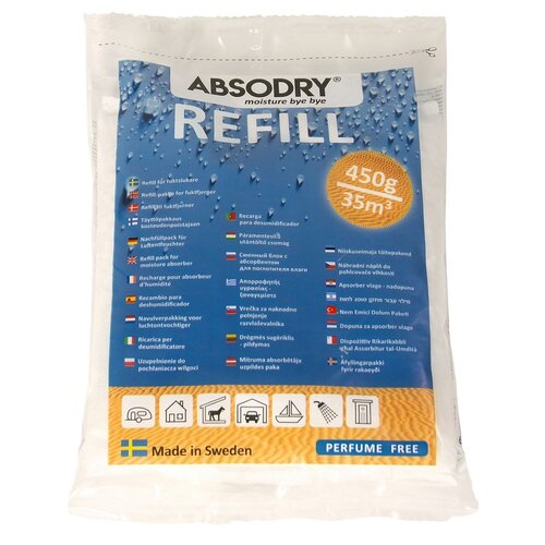 Opakowanie produktu z napisem "ABSODRY moisture bye bye REFILL" oraz oznaczeniem "450g 35m³" na niebieskim tle z kroplami wody. Na dole widoczne są ikony przedstawiające różne zastosowania, napis "Made in Sweden" oraz "PERFUME FREE".
