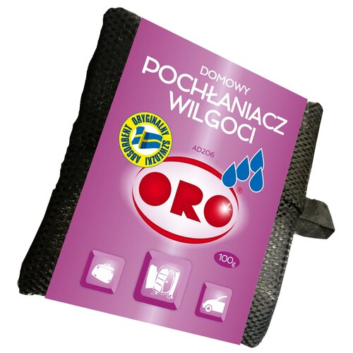 Czarny pochłaniacz wilgoci z fioletową etykietą, na której widnieje napis "Domowy Pochłaniacz Wilgoci" oraz logo "ORO". Na etykiecie znajdują się również symbole walizki, szafy i samochodu oraz oznaczenie "AD206" i "100 g".