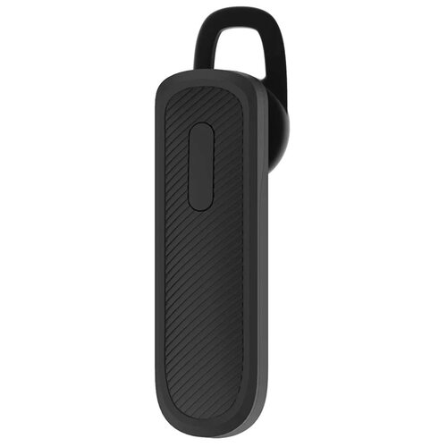 Czarna słuchawka Bluetooth o prostokątnym kształcie z zaokrąglonymi krawędziami, posiadająca teksturowaną powierzchnię i pojedynczy przycisk na froncie. W górnej części widoczny jest uchwyt do mocowania na uchu.
