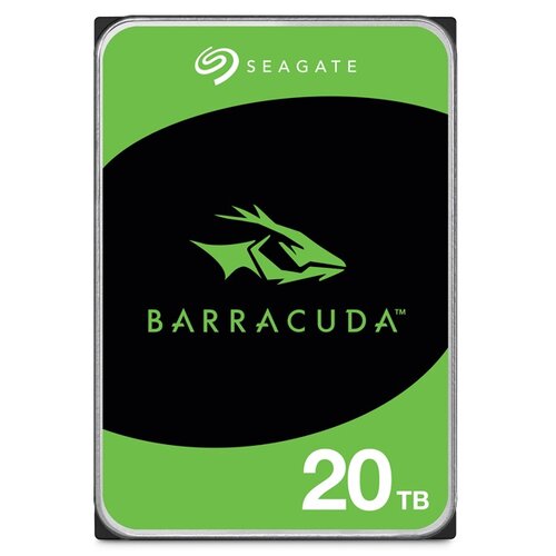 Na zdjęciu znajduje się dysk twardy z zielono-czarną etykietą, na której widnieje logo "SEAGATE" oraz napis "BARRACUDA" i "20 TB".