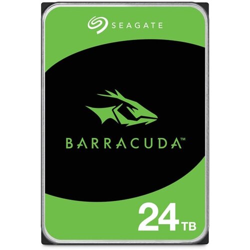 Na zdjęciu znajduje się dysk twardy z zieloną etykietą, na której widnieje logo "SEAGATE" oraz napis "BARRACUDA" z symbolem ryby. W dolnej części etykiety znajduje się oznaczenie pojemności "24TB".