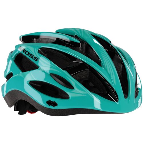 Kask rowerowy w kolorze lazurowym z czarnymi elementami, posiada liczne otwory wentylacyjne. Na kasku widoczne jest logo "KROSS".