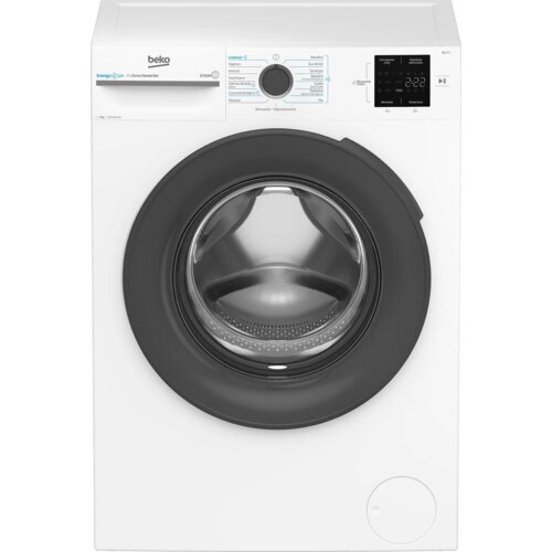 Pralka BEKO b300 BM3WFU39215WAR 9kg 1200obr EnergySpin SteamCure ColdWash z widocznym logo "beko" oraz panelem sterowania z wyświetlaczem cyfrowym i pokrętłem programów. Na panelu znajdują się napisy: "EnergySpin", "ProSmart Inverter", "SteamCure", a takż