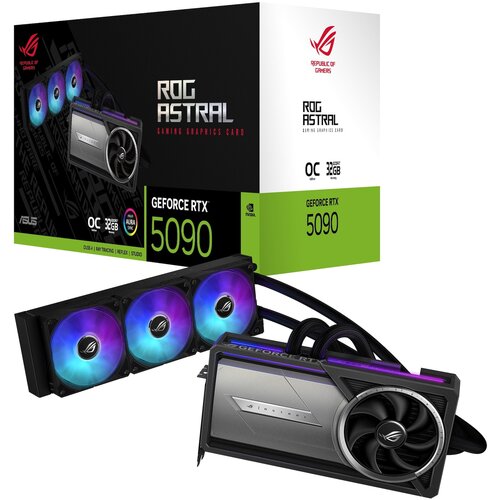 Pudełko i karta graficzna z serii ROG Astral, z widocznym napisem "GeForce RTX 5090" oraz logo producenta. Karta posiada system chłodzenia z trzema wentylatorami, a na opakowaniu znajdują się oznaczenia "OC", "32GB" i "DLSS 4".