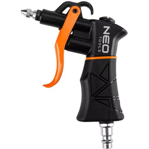 Na zdjęciu znajduje się czarny pistolet do przedmuchiwania z pomarańczowym spustem, na którym widnieje napis "NEO TOOLS". Produkt ma metalową dyszę i złącze na dole.