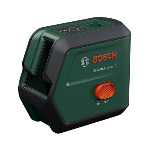 Na zdjęciu znajduje się zielony laser krzyżowy z czarnymi i pomarańczowymi elementami, z widocznym logo "BOSCH" oraz napisem "UniversalLevel 2". Na urządzeniu znajduje się pomarańczowy przełącznik z oznaczeniami "ON" i "OFF".