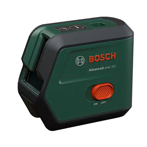 Zielony laser krzyżowy z czarnymi i pomarańczowymi elementami, na którym widnieje logo "BOSCH" oraz napis "Advanced Level 2G". Na urządzeniu znajduje się pomarańczowy przełącznik z oznaczeniami "ON" i "OFF".