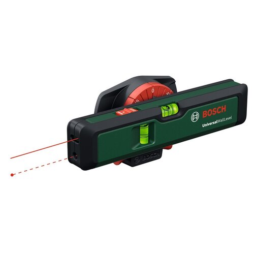 Na zdjęciu znajduje się laser liniowy w kolorze zielonym z widocznymi poziomicami i czerwonym pokrętłem. Na obudowie widnieje logo "BOSCH" oraz napis "Universal Wall Level".