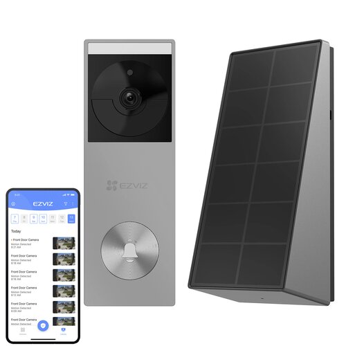 Na zdjęciu widoczny jest wideodomofon z kamerą, panel solarny oraz smartfon z aplikacją. Na ekranie smartfona wyświetlona jest aplikacja "EZVIZ" z listą zdarzeń z kamery, a na wideodomofonie znajduje się logo "EZVIZ".