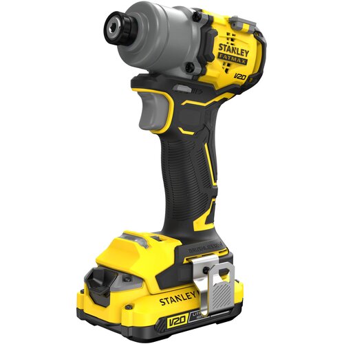 Na zdjęciu znajduje się żółto-czarna wkrętarka akumulatorowa z widocznymi napisami: "STANLEY", "FATMAX", "V20", "BRUSHLESS" oraz "LITHIUM ION". Produkt ma ergonomiczną rękojeść i metalowy uchwyt na akumulator.