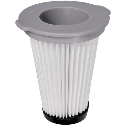 Filtr do odkurzacza ma cylindryczny kształt z białymi, plisowanymi ściankami i szarym, plastikowym kołnierzem na górze. Dolna część filtra jest czarna i wykonana z tworzywa sztucznego.