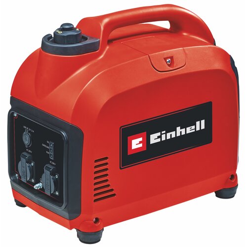 Czerwony agregat prądotwórczy z czarnymi elementami, posiadający uchwyt na górze oraz panel z gniazdami i przełącznikami. Na obudowie widoczne jest logo "Einhell".