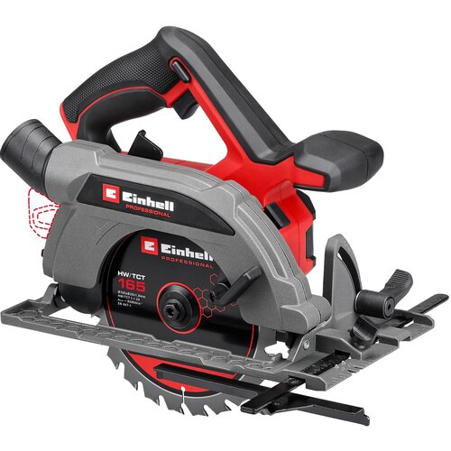 Na zdjęciu znajduje się pilarka tarczowa z widocznym logo "Einhell Professional" na obudowie. Na tarczy widnieje napis "HW/TCT 165" oraz dodatkowe oznaczenia techniczne.