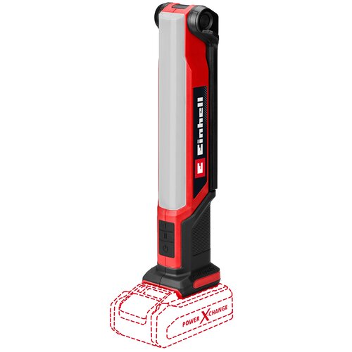 Czerwona lampa warsztatowa z czarnymi i szarymi elementami, z widocznym logo "Einhell" na boku. U dołu znajduje się zarys baterii z napisem "POWER X-CHANGE".