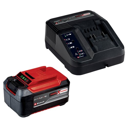 Czarno-czerwona ładowarka z widocznymi wskaźnikami LED oraz czarno-czerwony akumulator z oznaczeniem "Li-Ion 5.2 Ah 18V" i logo "Einhell". Na akumulatorze znajduje się napis "POWER X-CHANGE".