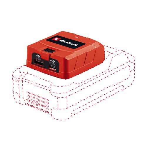 Czerwony adapter z logo "Einhell" na górze, posiada dwa porty USB oznaczone jako "5V 2.0A". Produkt jest umieszczony na zarysie baterii, co sugeruje sposób jego montażu.