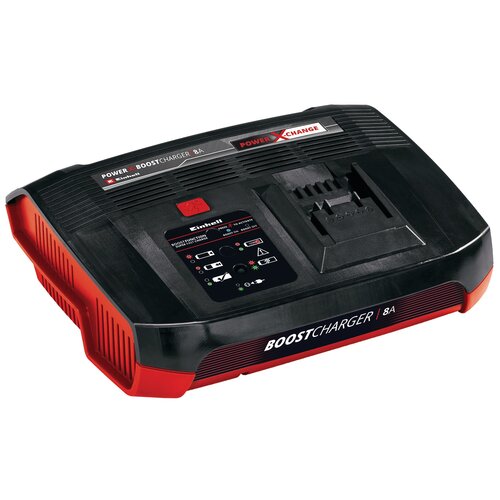 Czarna ładowarka z czerwonymi akcentami, na której widnieje napis "BOOSTCHARGER 8A". Na górnej części urządzenia znajduje się panel z logo "Einhell" oraz ikonami i wskaźnikami informującymi o stanie ładowania.