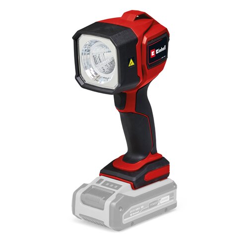 Czerwona lampa warsztatowa z czarnymi akcentami, posiadająca duży reflektor i ergonomiczny uchwyt. Na boku obudowy widoczne jest logo "Einhell".